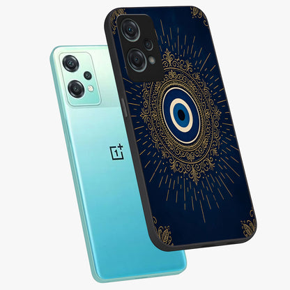 Golden Evil Eye Mandala Glass Case for 1+Nord Ce 2 Lite angled mockup showcasing glossy finish and detailed ornamental design