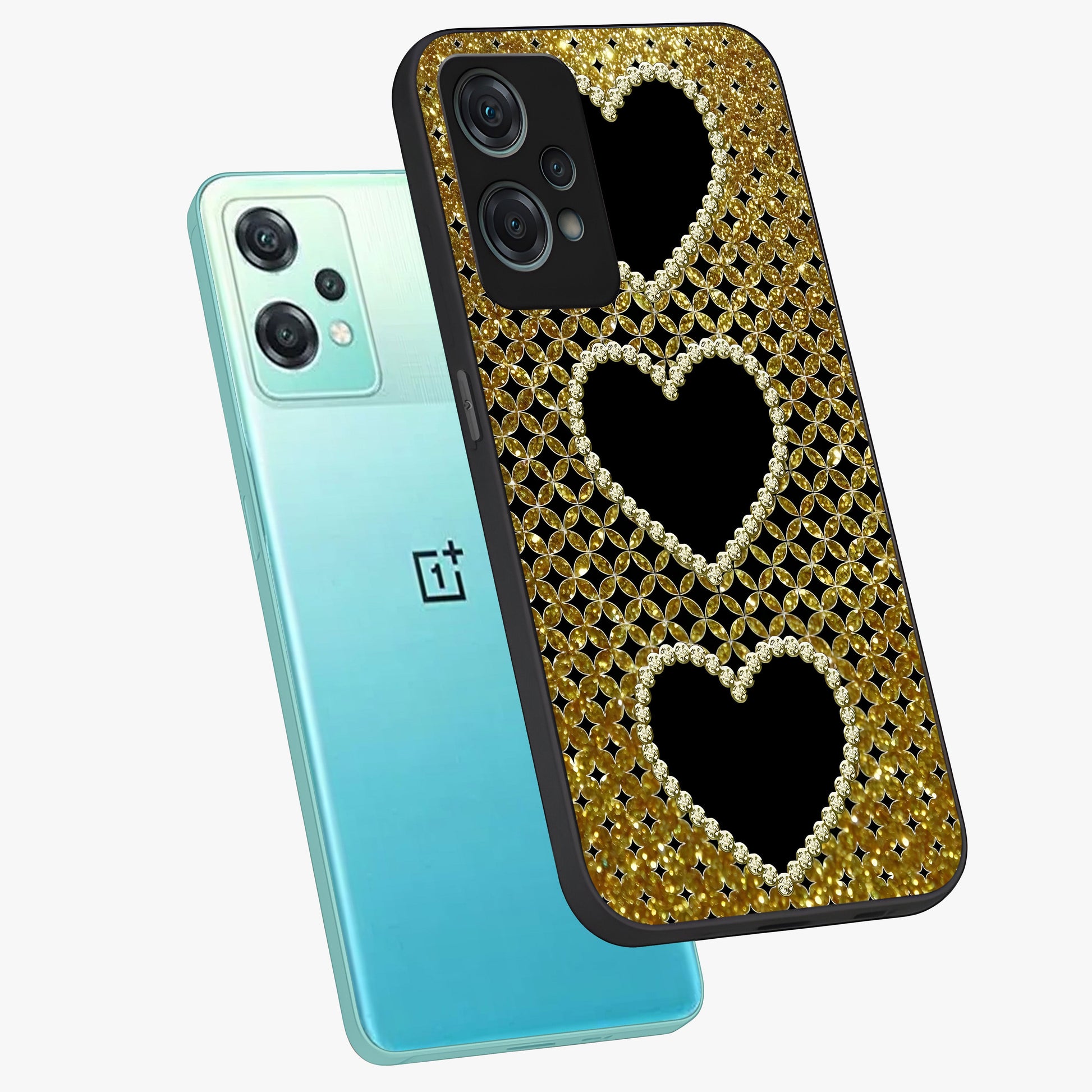 Golden Heart Glow Glass Case for 1+Nord Ce 2 Lite angled mockup showcasing glossy finish and radiant warm tones