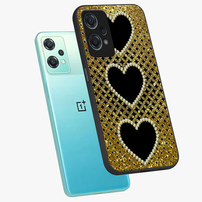 Golden Heart Glow Glass Case for 1+Nord Ce 2 Lite angled mockup showcasing glossy finish and radiant warm tones