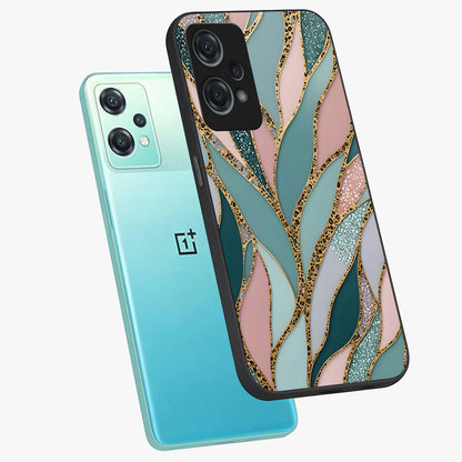Golden Leaf Dreams Glass Case for 1+Nord Ce 2 Lite angled mockup showcasing glossy finish and refined botanical tones