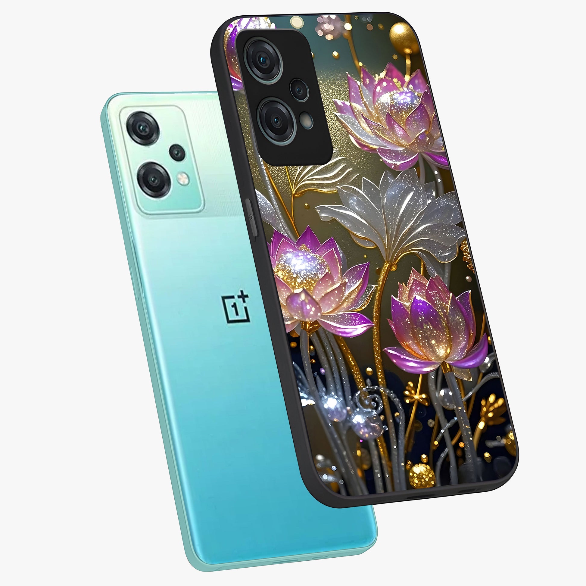 Golden Lotus Glow Glass Case for 1+Nord Ce 2 Lite angled mockup showcasing glossy finish and luminous spiritual tones