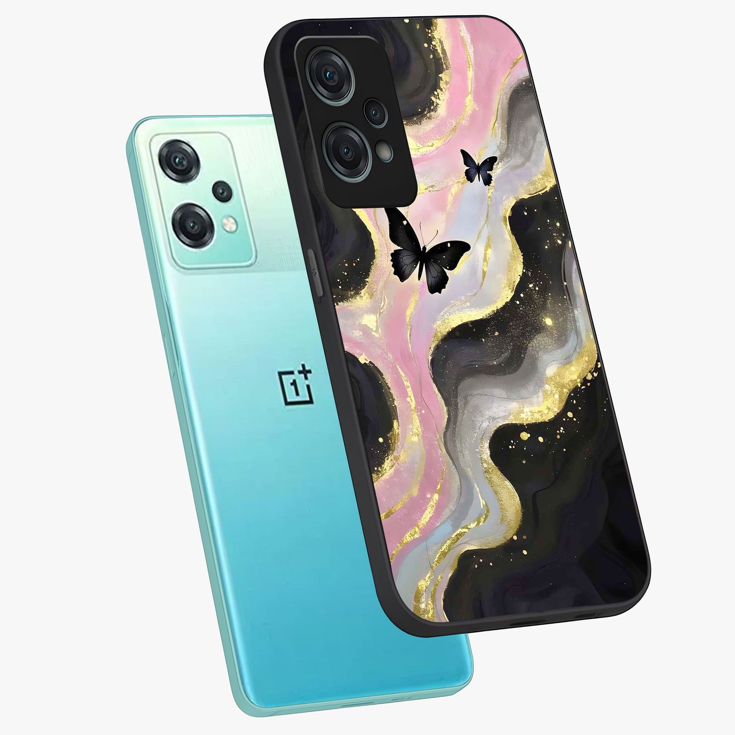 Golden Mist Butterflies Glass Case for 1+Nord Ce 2 Lite angled mockup showcasing glossy glass finish and luminous detailing