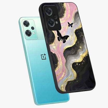 Golden Mist Butterflies Glass Case for 1+Nord Ce 2 Lite angled mockup showcasing glossy glass finish and luminous detailing
