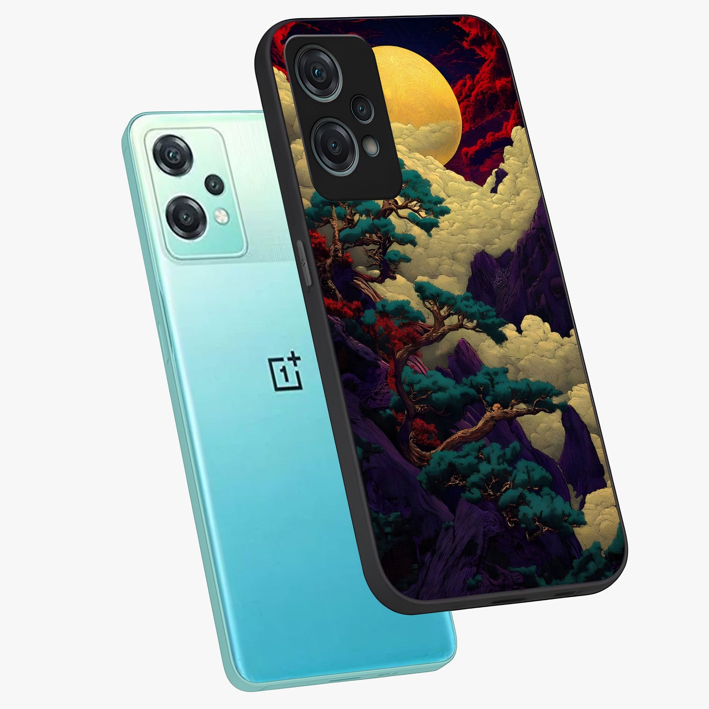 Golden Moon Horizon Glass Case for 1+Nord Ce 2 Lite angled mockup showcasing glossy finish and warm gradient tones
