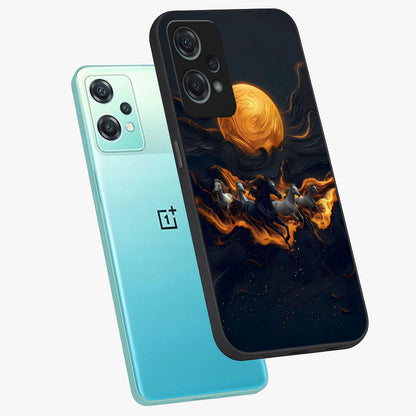 Golden Stallion Moonride Glass Case for 1+Nord Ce 2 Lite angled mockup showcasing glossy finish and rich celestial tones