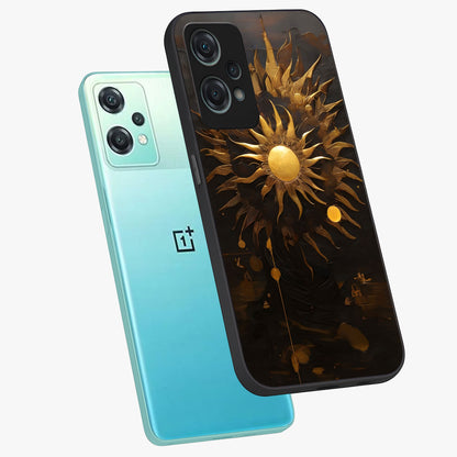 Golden Sun Majesty Glass Case for 1+Nord Ce 2 Lite angled mockup showcasing glossy finish and warm celestial gradients