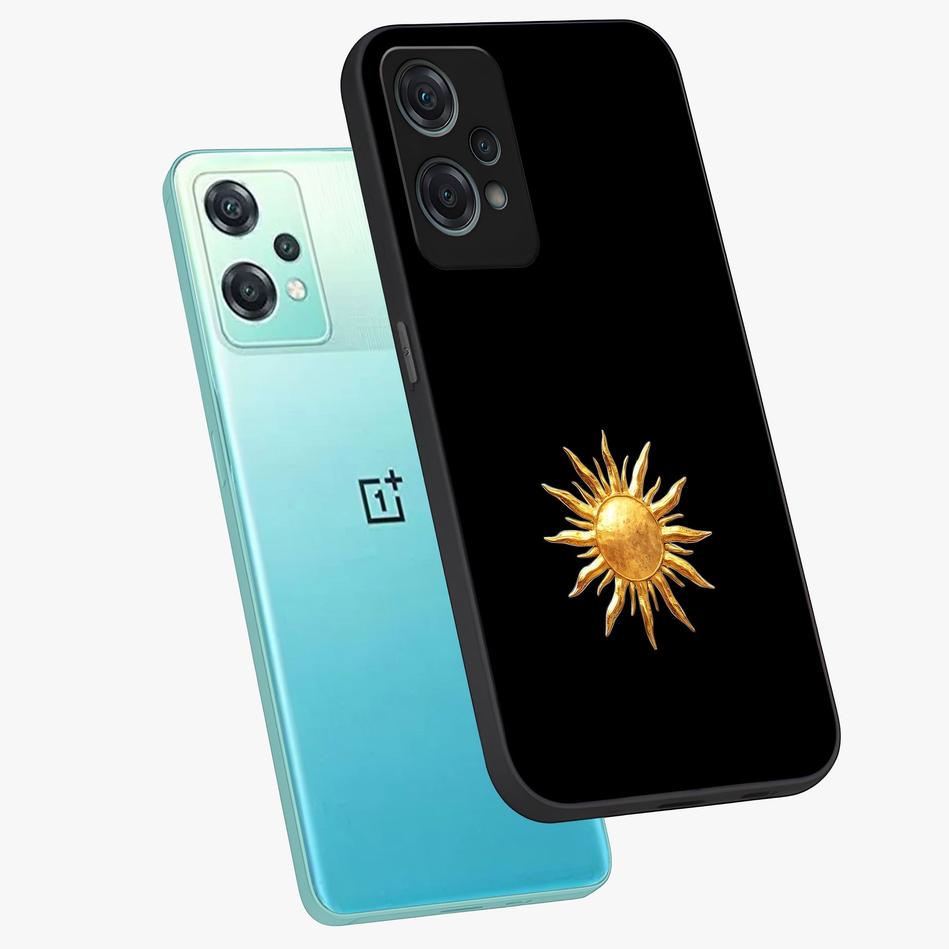 Golden Sun Minimalism Glass Case for 1+Nord Ce 2 Lite angled mockup showcasing glossy finish and subtle warm tones