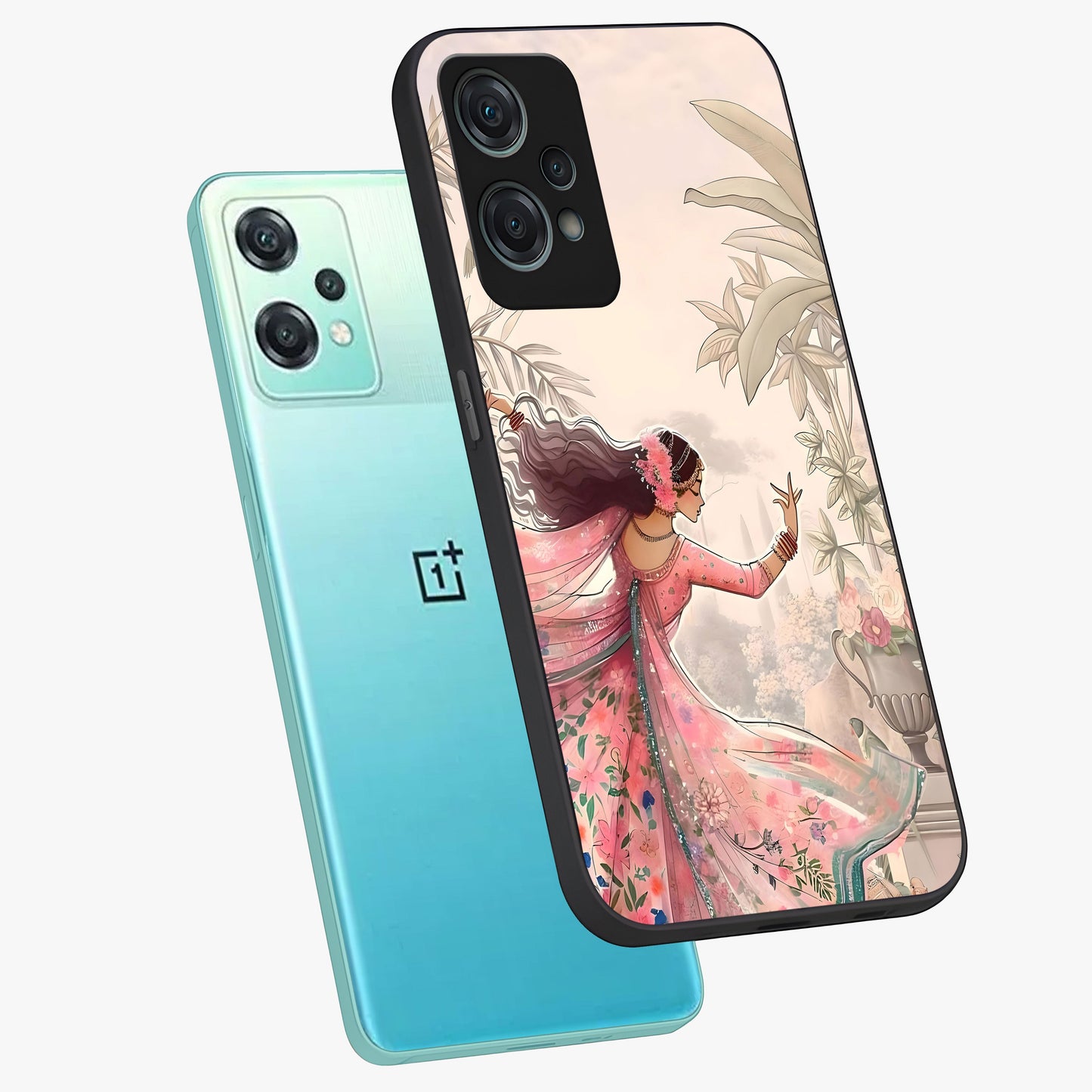 Graceful Garden Rhythm Glass Case for 1+Nord Ce 2 Lite angled mockup showcasing glossy glass finish and soft bloom detailing