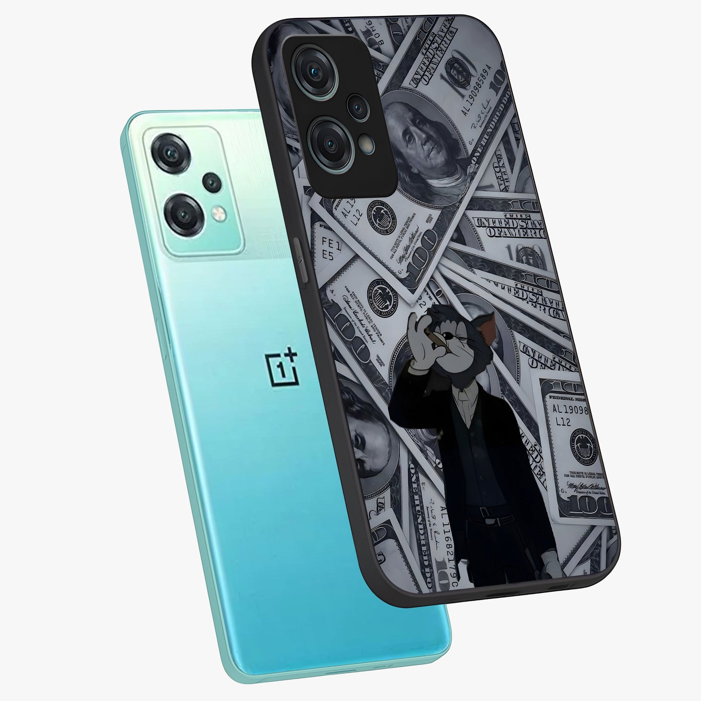 Greedy Fortune Cat Glass Case for 1+Nord Ce 2 Lite angled mockup showcasing glossy finish and vibrant character detailing