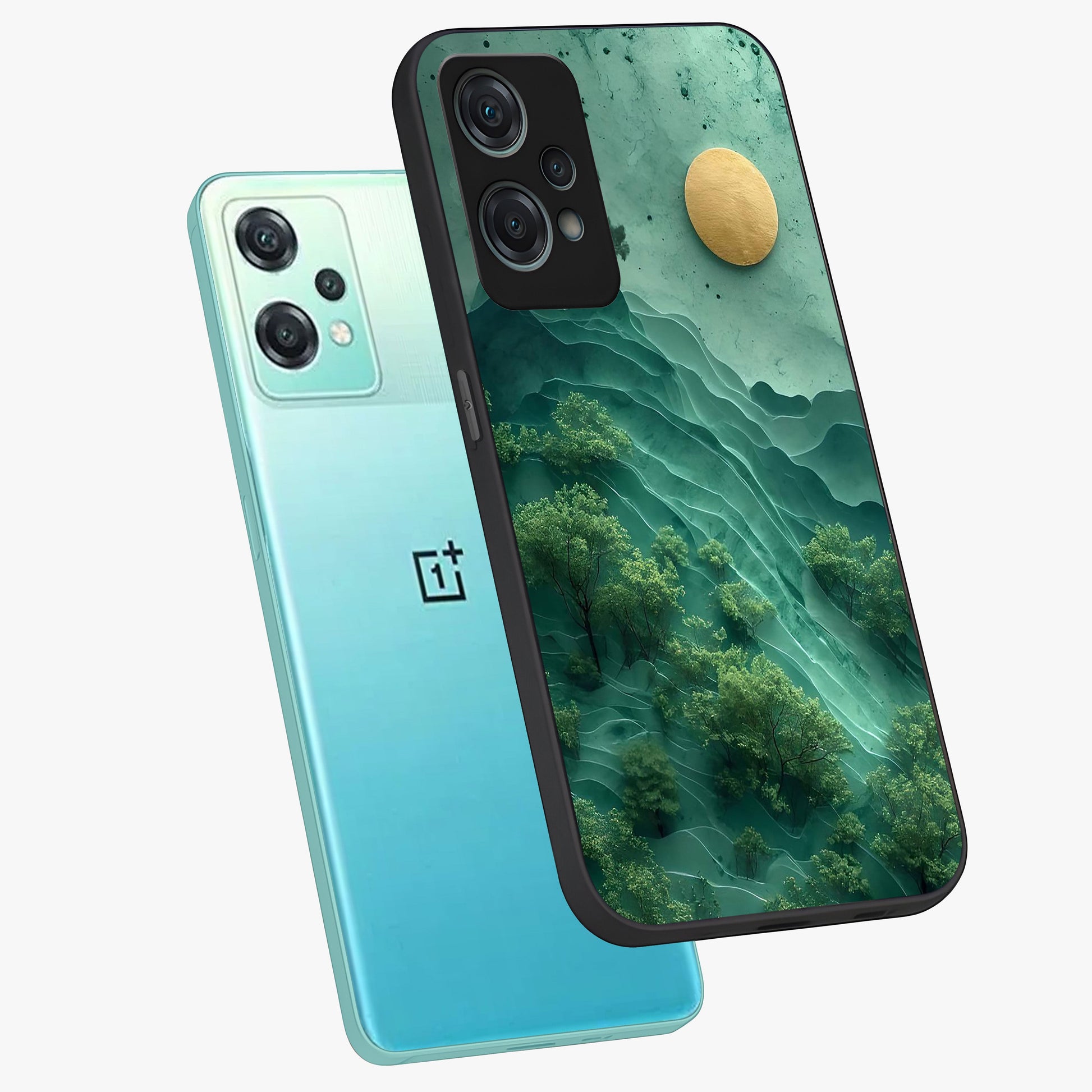 Green Hills With Sun Glass Case for 1+Nord Ce 2 Lite angled mockup showcasing glossy finish and natural gradient tones