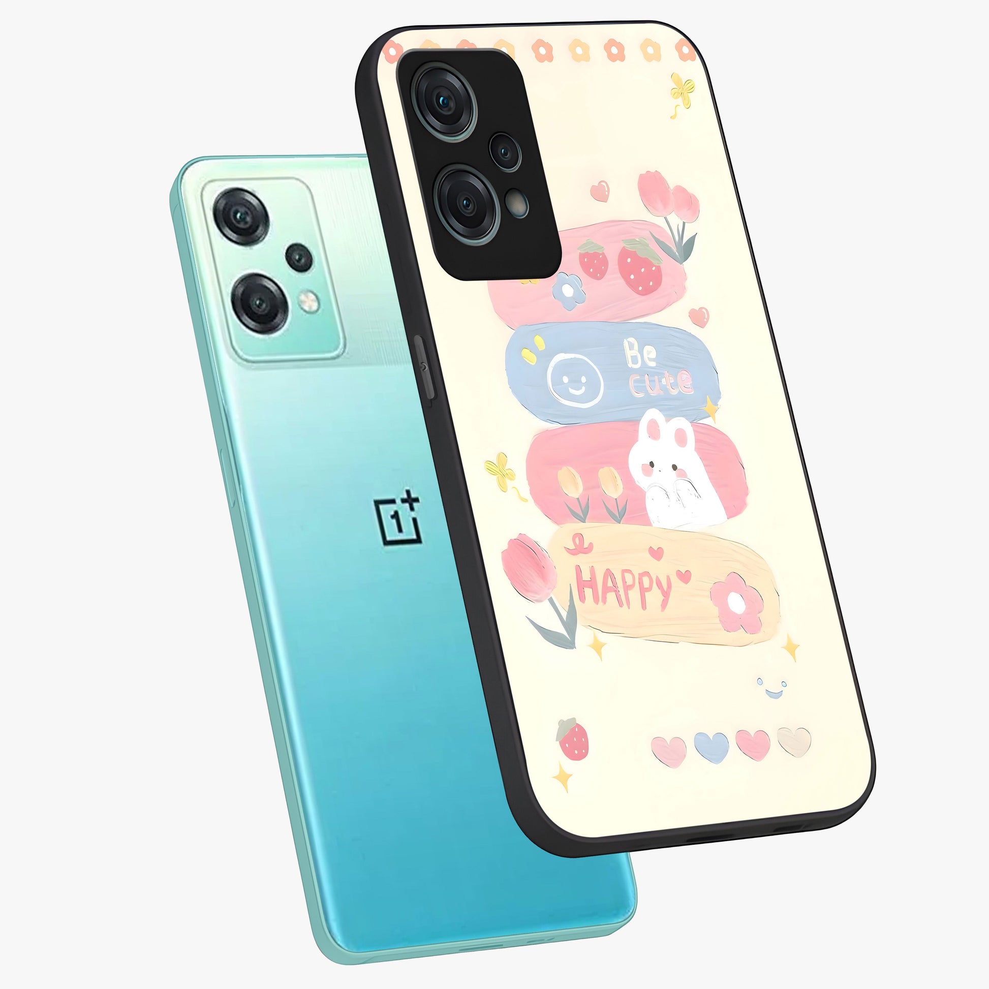 Happy Cute Bunny Glass Case for 1+Nord Ce 2 Lite angled mockup showcasing glossy finish and soft pastel tones