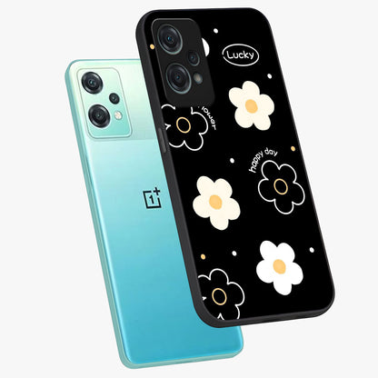 Happy Day Daisy Glass Case for 1+Nord Ce 2 Lite angled mockup showcasing glossy finish and vibrant bloom tones