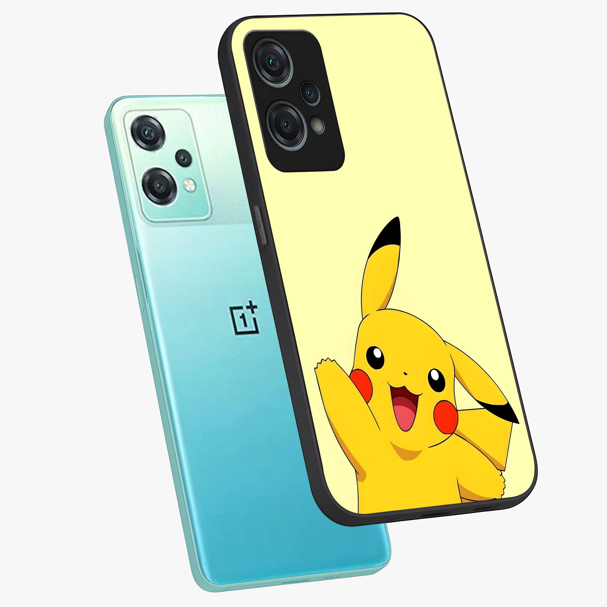 Happy Electric Pikachu Glass Case for 1+Nord Ce 2 Lite angled mockup showcasing glossy finish and vibrant yellow tones
