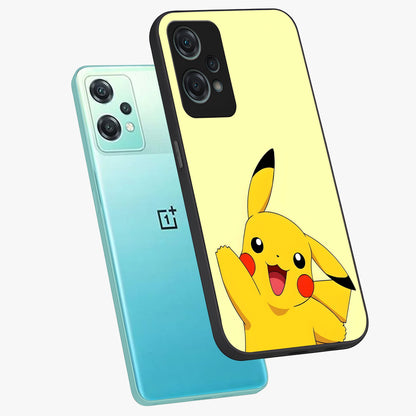 Happy Electric Pikachu Glass Case for 1+Nord Ce 2 Lite angled mockup showcasing glossy finish and vibrant yellow tones