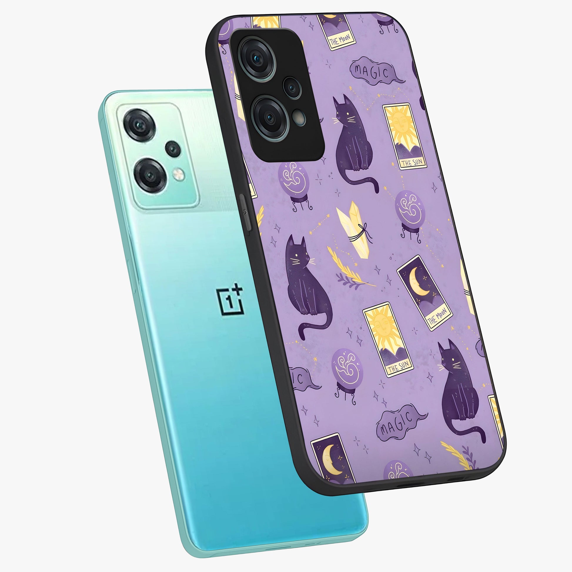 Humble Magic Cats Glass Case for 1+Nord Ce 2 Lite captured at a warm angle highlighting playful magical details, gloss, and edge clarity.