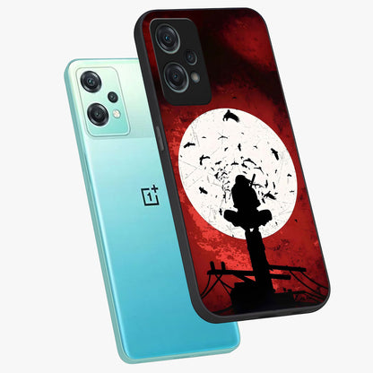 Itachi Limited Edition Naruto Anime Case Glass Case for 1+Nord Ce 2 Lite angled mockup showcasing glossy glass finish and dramatic red tones