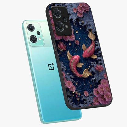 Koi Wave Dance Glass Case for 1+Nord Ce 2 Lite angled mockup showcasing glossy finish and vibrant aquatic tones