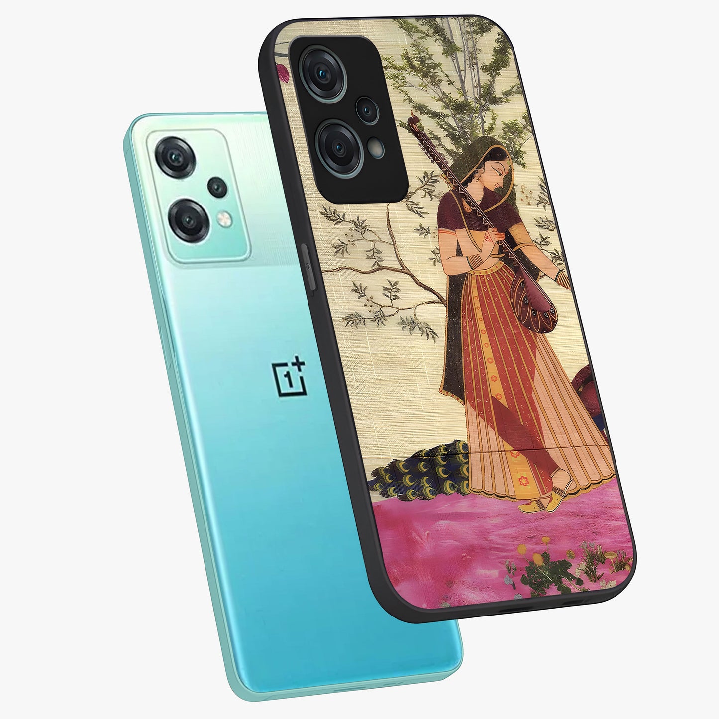 Lady With Veena Art Glass Case for 1+Nord Ce 2 Lite angled mockup showcasing glossy finish and refined artistic detailing