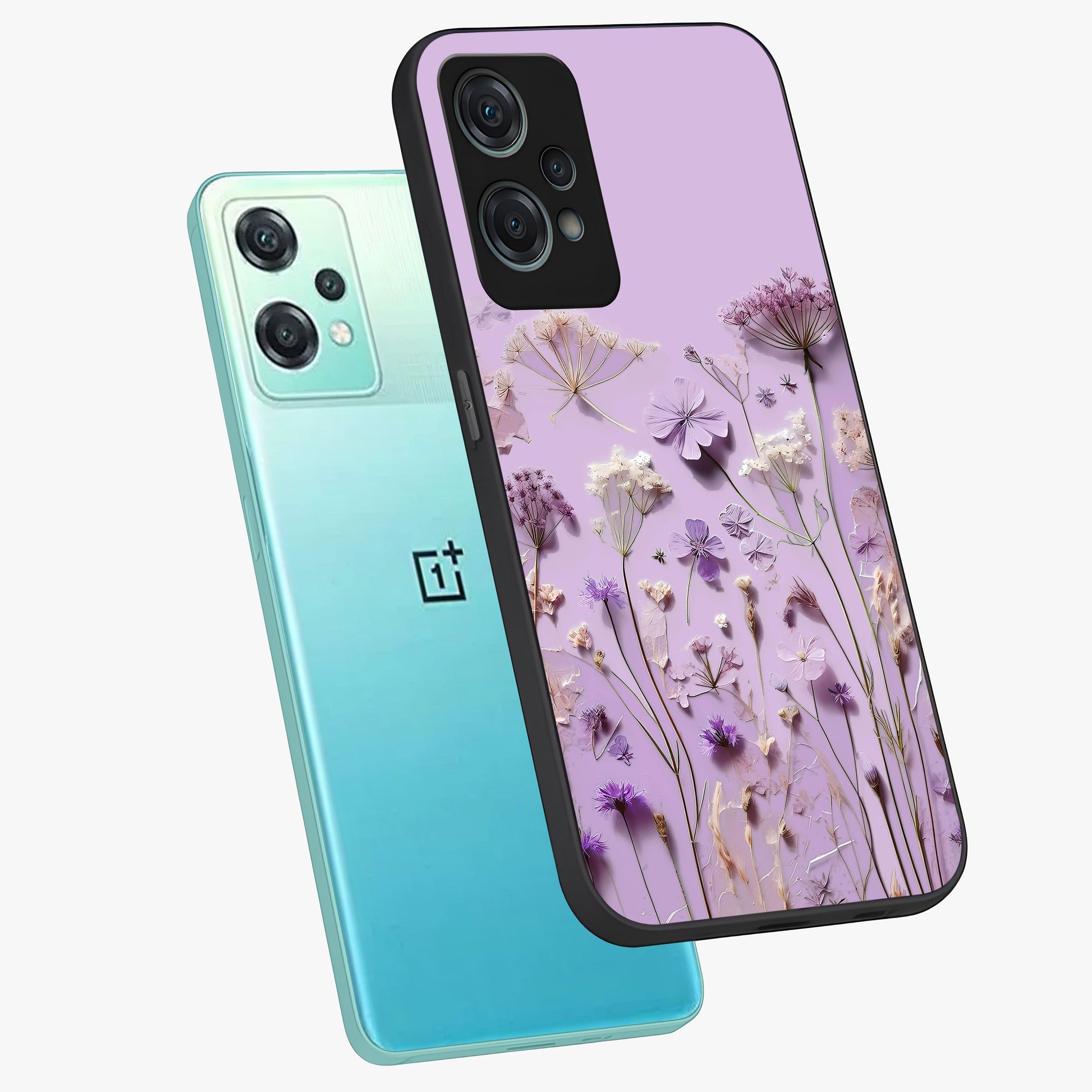 Lavender Blossom Dream Glass Case for 1+Nord Ce 2 Lite angled mockup showcasing glossy finish and pastel purple tones