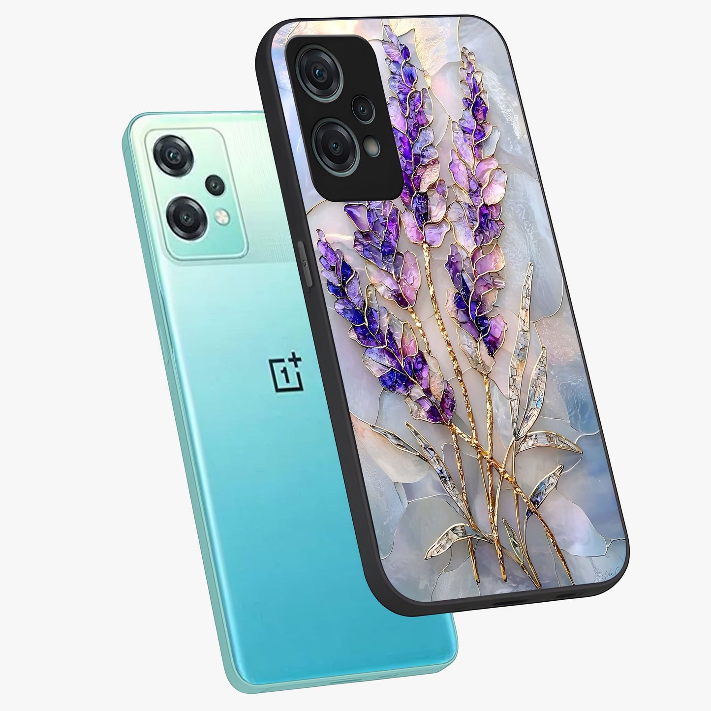 Lavender Dream Glow Glass Case for 1+Nord Ce 2 Lite angled mockup showcasing glossy finish and luminous purple gradients