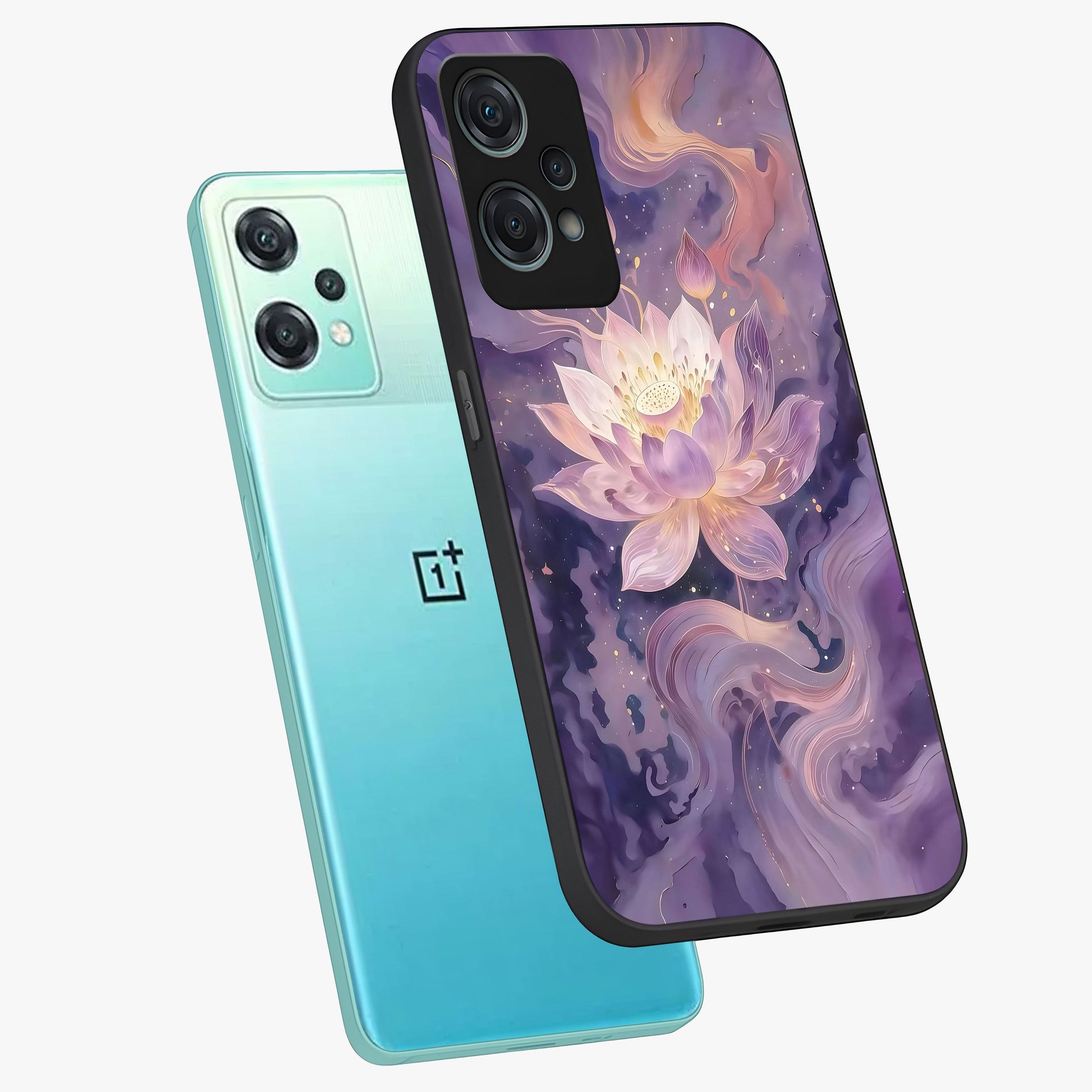 Lavender Lotus Muse Glass Case for 1+Nord Ce 2 Lite angled mockup showcasing glossy finish and refined floral detailing
