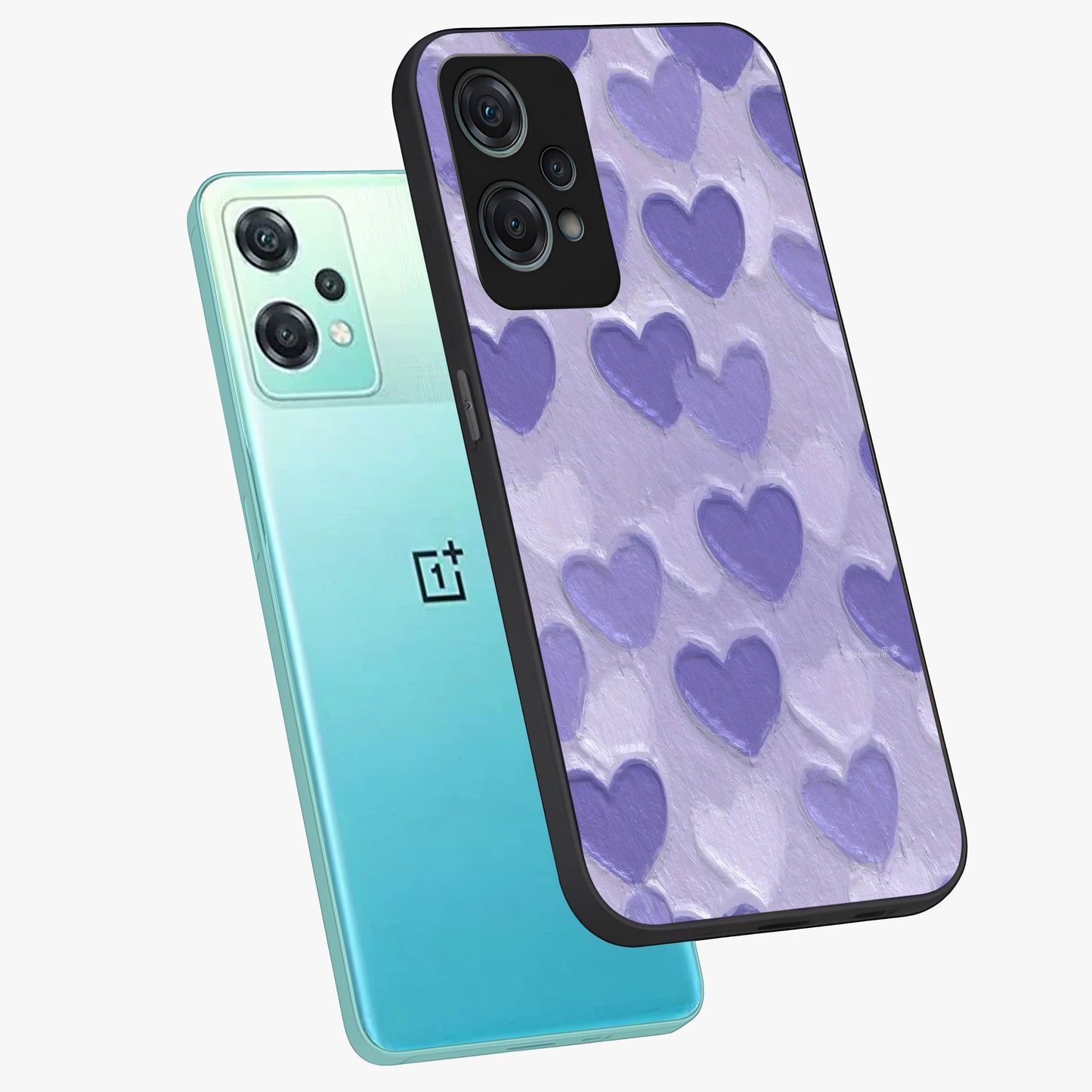 Lavender Paper Hearts Glass Case for 1+Nord Ce 2 Lite angled mockup showcasing glossy finish and playful pastel detailing