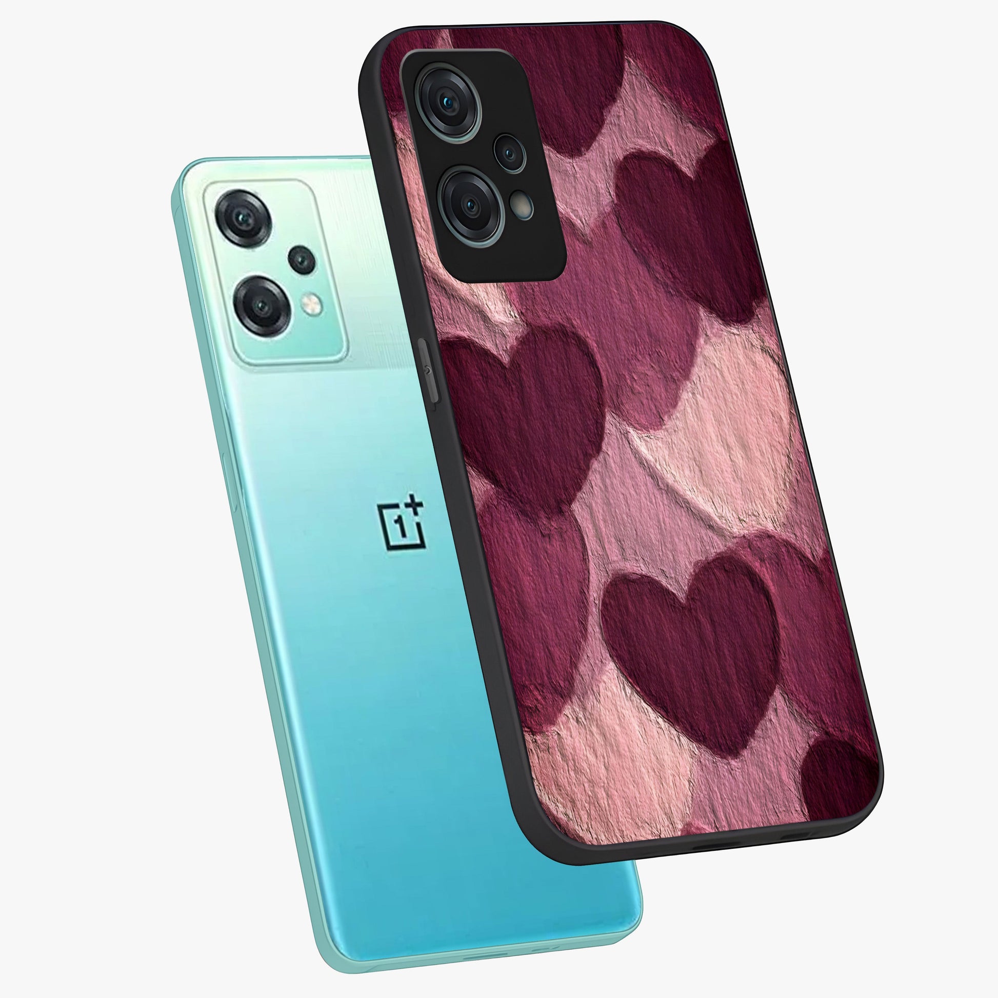 Layered Paper Hearts Glass Case for 1+Nord Ce 2 Lite angled mockup showcasing glossy finish and soft romantic tones