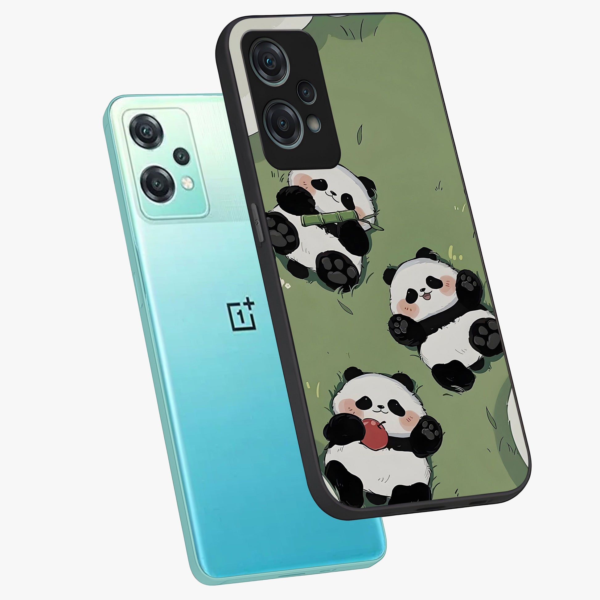 Lazy Panda Picnic Glass Case for 1+Nord Ce 2 Lite angled mockup showcasing glossy finish and vibrant cartoon detailing
