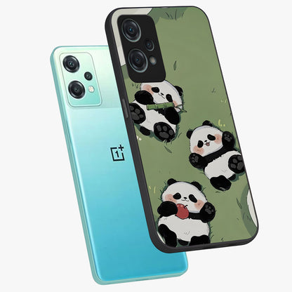 Lazy Panda Picnic Glass Case for 1+Nord Ce 2 Lite angled mockup showcasing glossy finish and vibrant cartoon detailing
