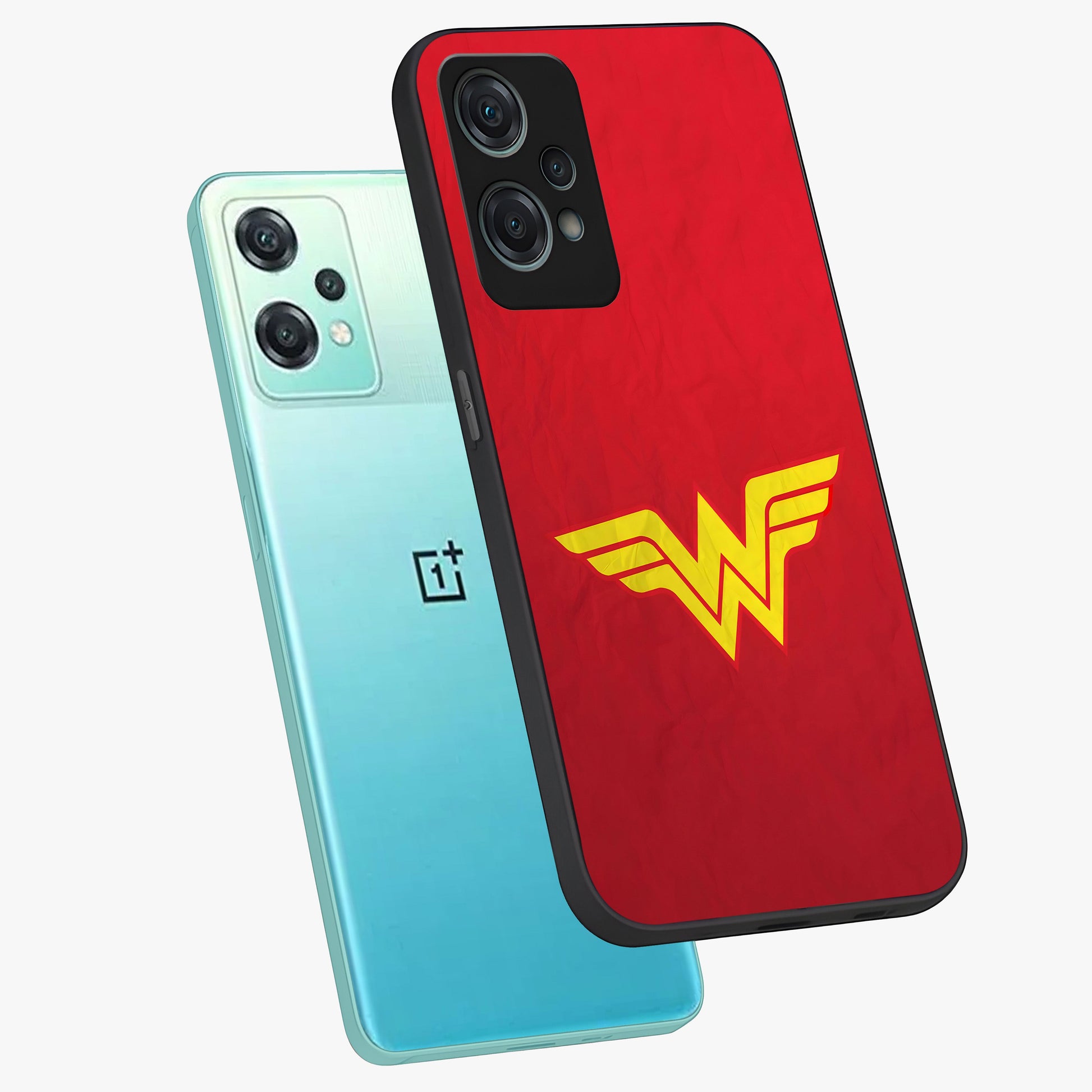 Legendary Wonder Power Glass Case for 1+Nord Ce 2 Lite angled mockup showcasing glossy finish and vibrant power tones