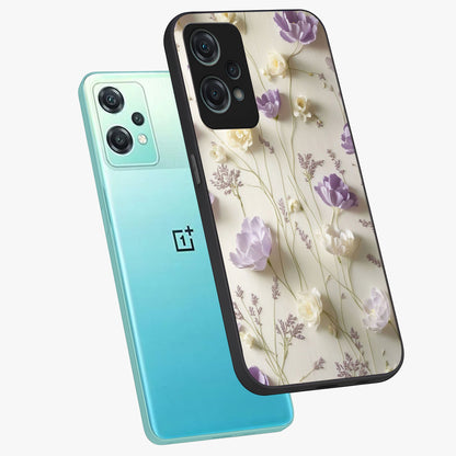 Lilac Breeze Harmony Glass Case for 1+Nord Ce 2 Lite angled mockup showcasing glossy finish and pastel purple tones