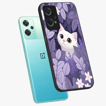 Lilac Hide Peek Cat Glass Case for 1+Nord Ce 2 Lite angled mockup showcasing glossy finish and cute character detailing