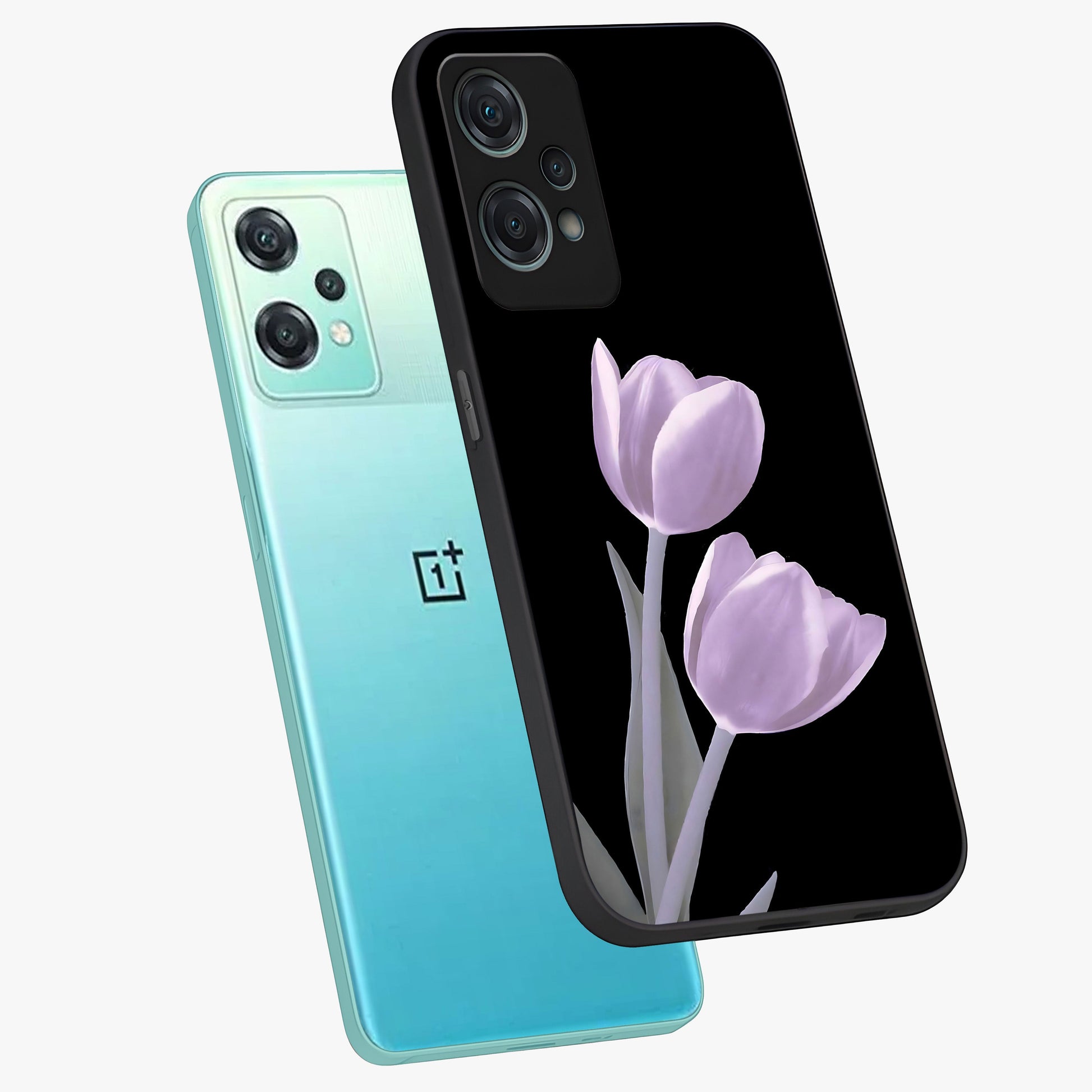 Lilac Tulip Flowers Glass Case for 1+Nord Ce 2 Lite angled mockup showcasing glossy finish and delicate bloom detailing