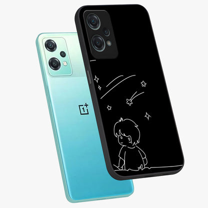 Line Art Boy With Shooting Stars Glass Case for 1+Nord Ce 2 Lite angled mockup showcasing glossy finish and clean monochrome detailing
