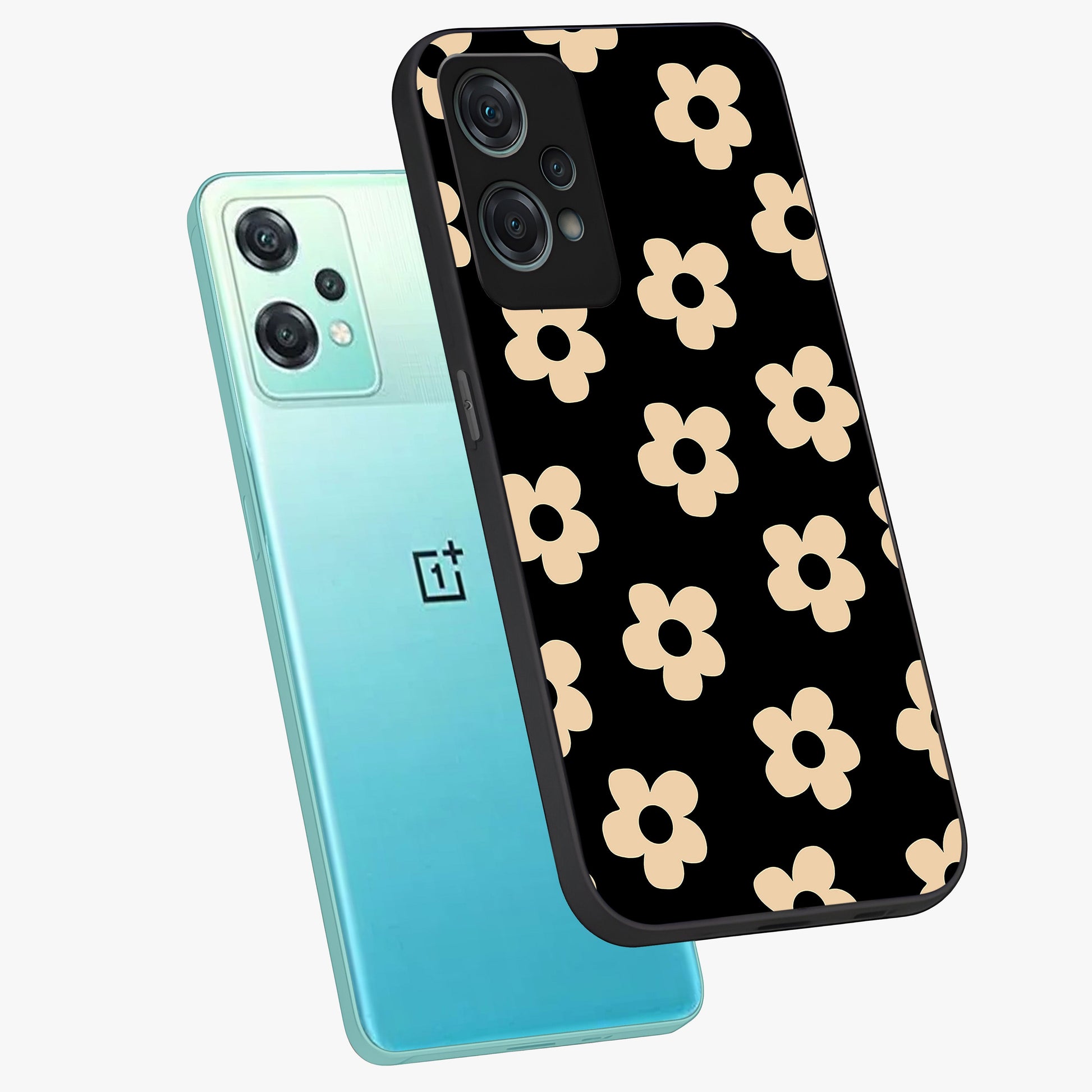 Little Daisy Flower Retro Pattern Glass Case for 1+Nord Ce 2 Lite angled mockup showcasing glossy finish and vintage bloom tones