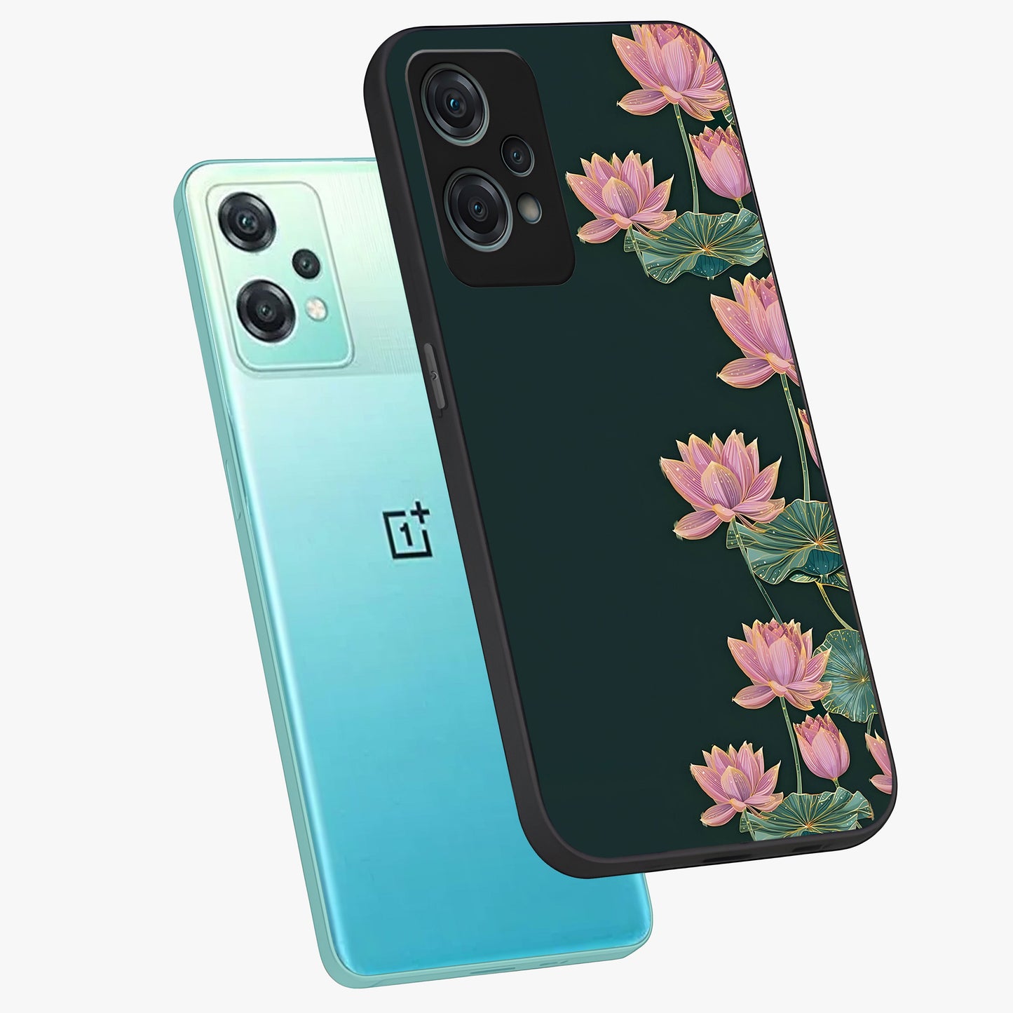 Lotus Bloom Serenity Glass Case for 1+Nord Ce 2 Lite angled mockup showcasing glossy glass finish and calming tones