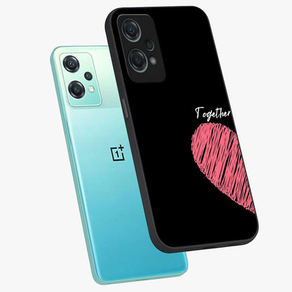 Love Forever Together Left Glass Case for 1+Nord Ce 2 Lite angled mockup showcasing glossy finish and soft love inspired tones