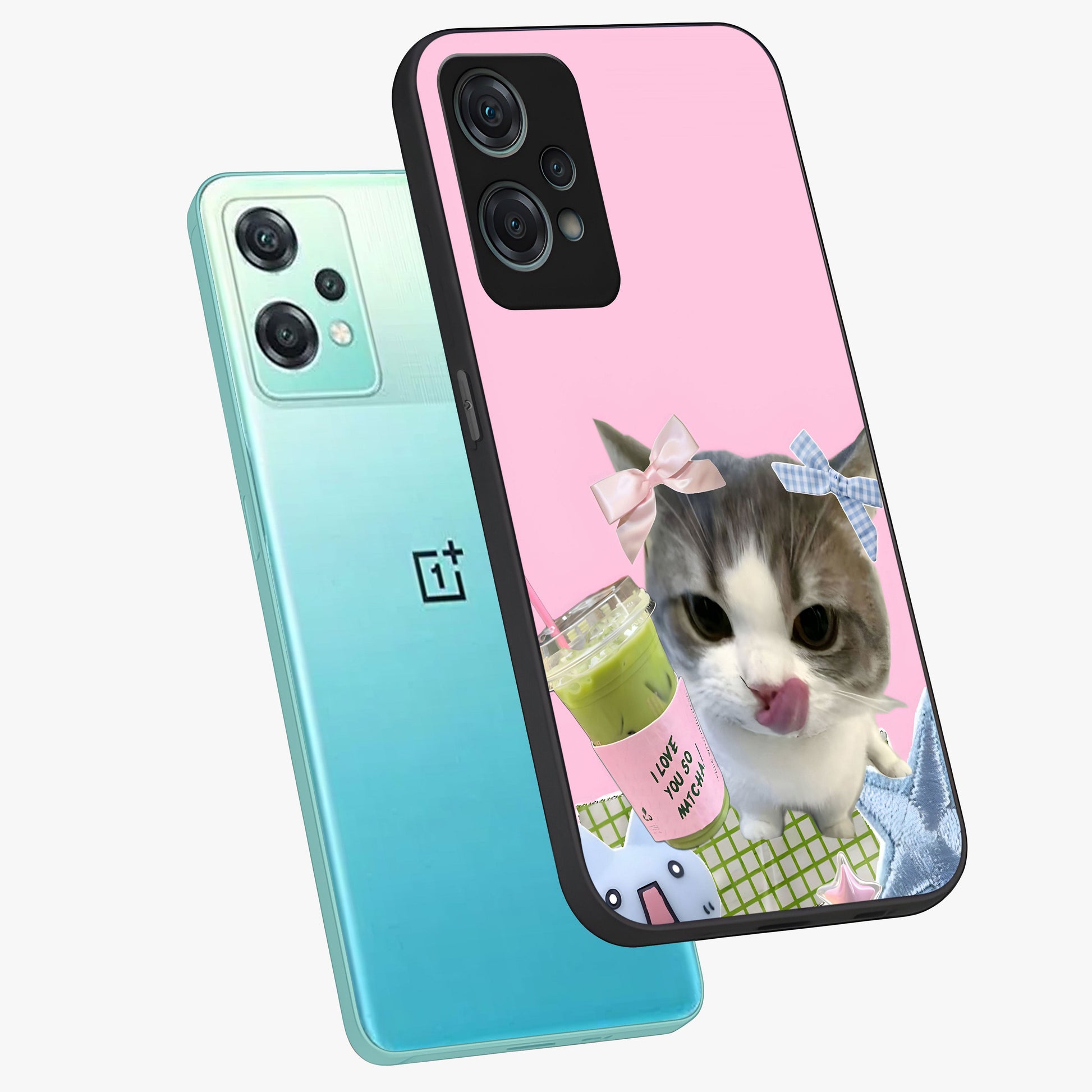 Love Matcha Cat Glass Case for 1+Nord Ce 2 Lite angled mockup showcasing glossy finish and playful pastel tones