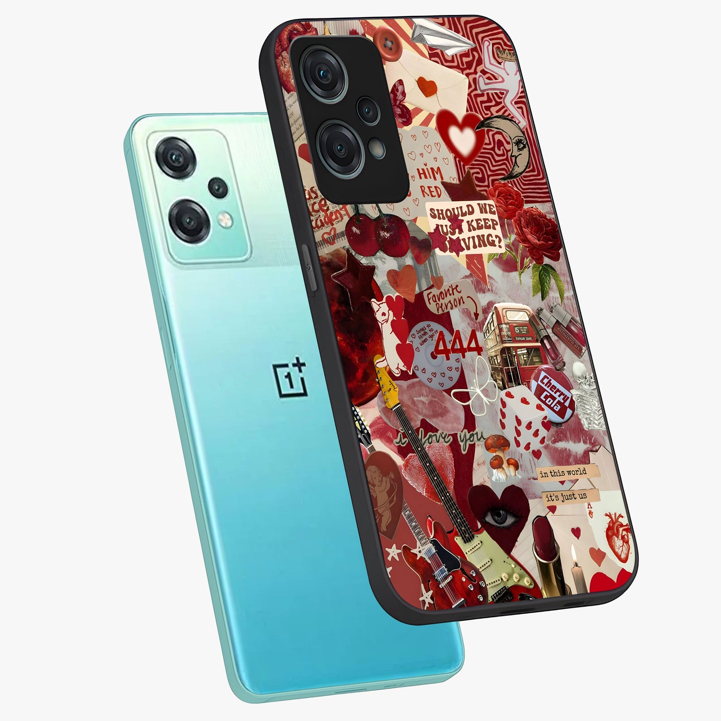 Lover’S Red Chaos Glass Case for 1+Nord Ce 2 Lite angled mockup showcasing glossy finish and dramatic crimson tones