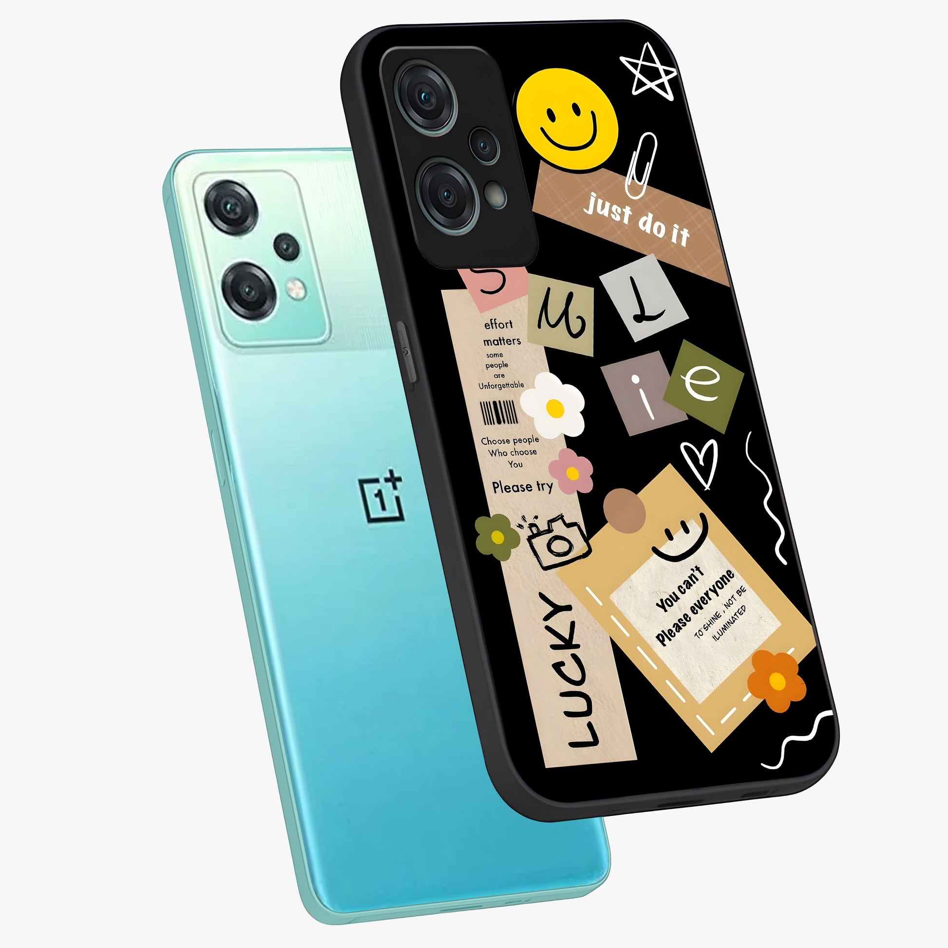 Lucky Aesthetic Collage Case Glass Case for 1+Nord Ce 2 Lite angled mockup showcasing glossy finish and colorful textures