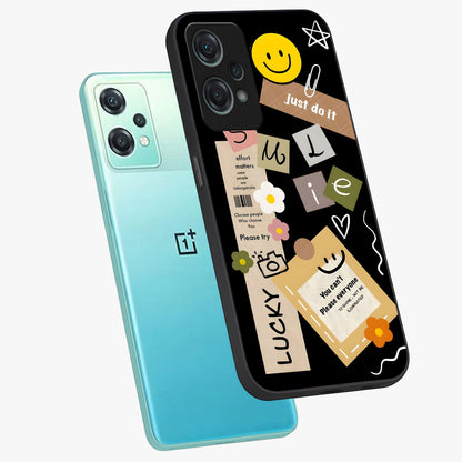 Lucky Aesthetic Collage Case Glass Case for 1+Nord Ce 2 Lite angled mockup showcasing glossy finish and colorful textures