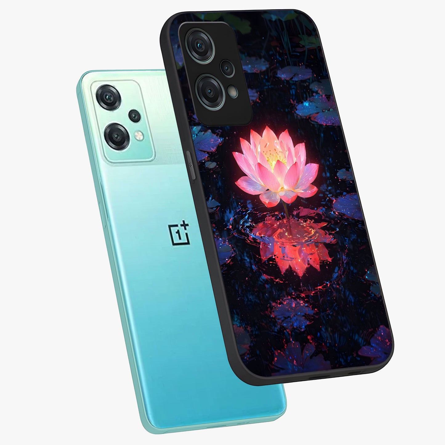 Luminous Lotus Glow Glass Case for 1+Nord Ce 2 Lite angled mockup showcasing glossy finish and warm luminous tones