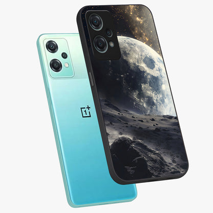 Lunar Horizon Glow Glass Case for 1+Nord Ce 2 Lite angled mockup showcasing glossy finish and warm night tones