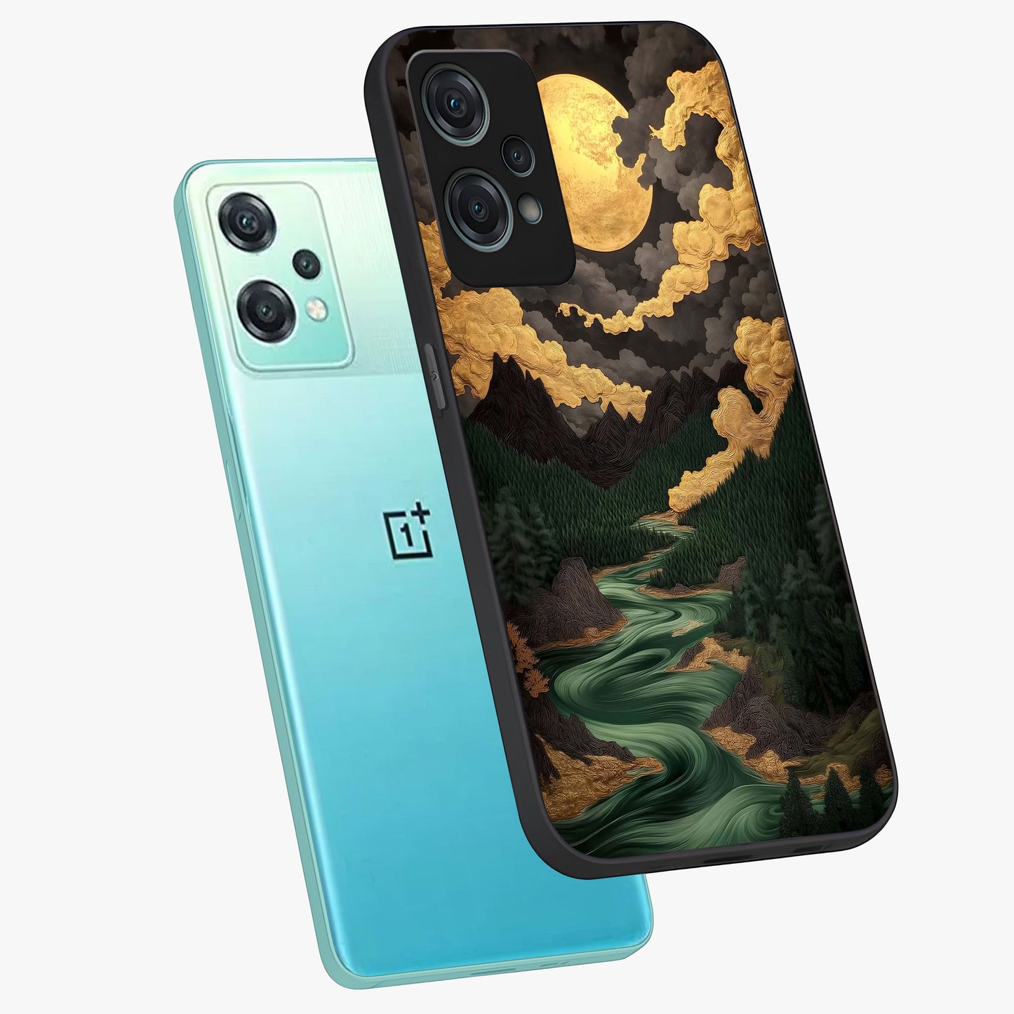 Lunar Silk Garden Glass Case for 1+Nord Ce 2 Lite angled mockup showcasing glossy glass finish and silky gradient textures