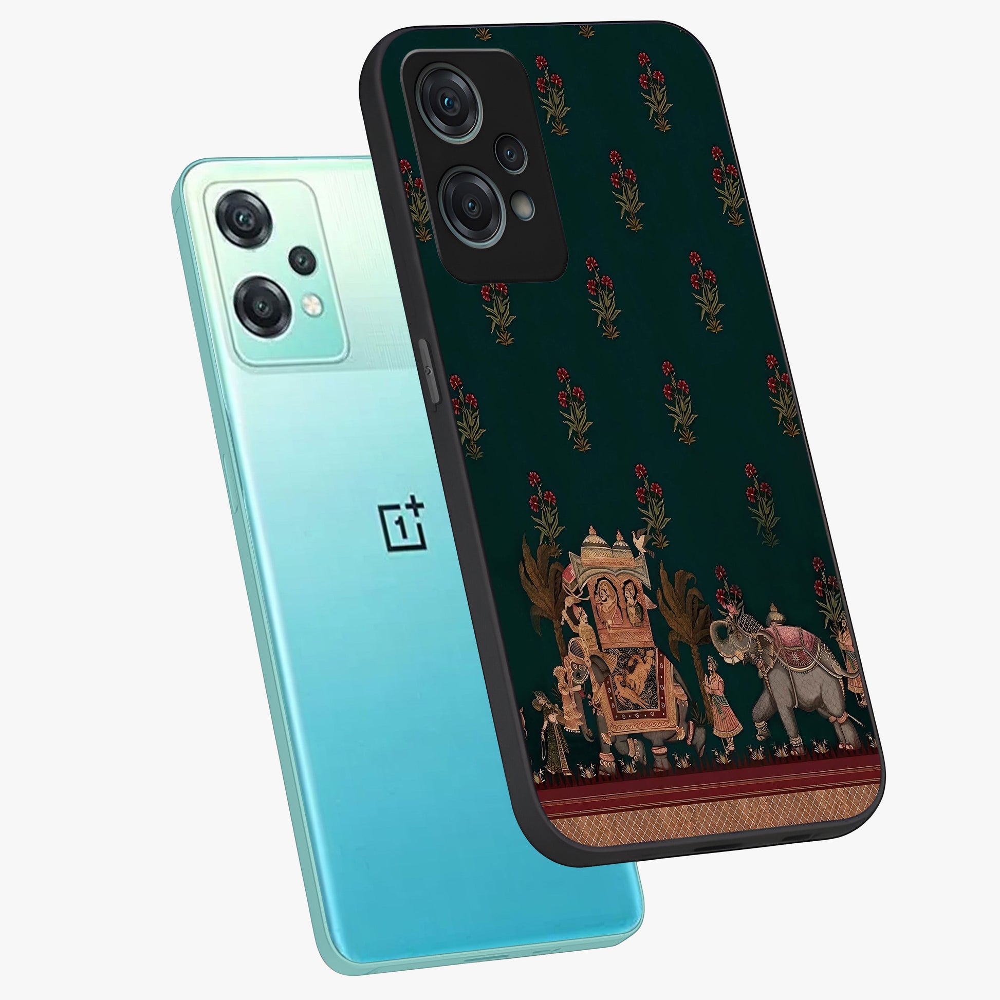Macmerise Glass Case for 1+Nord Ce 2 Lite angled mockup showcasing glossy finish and vibrant design tones
