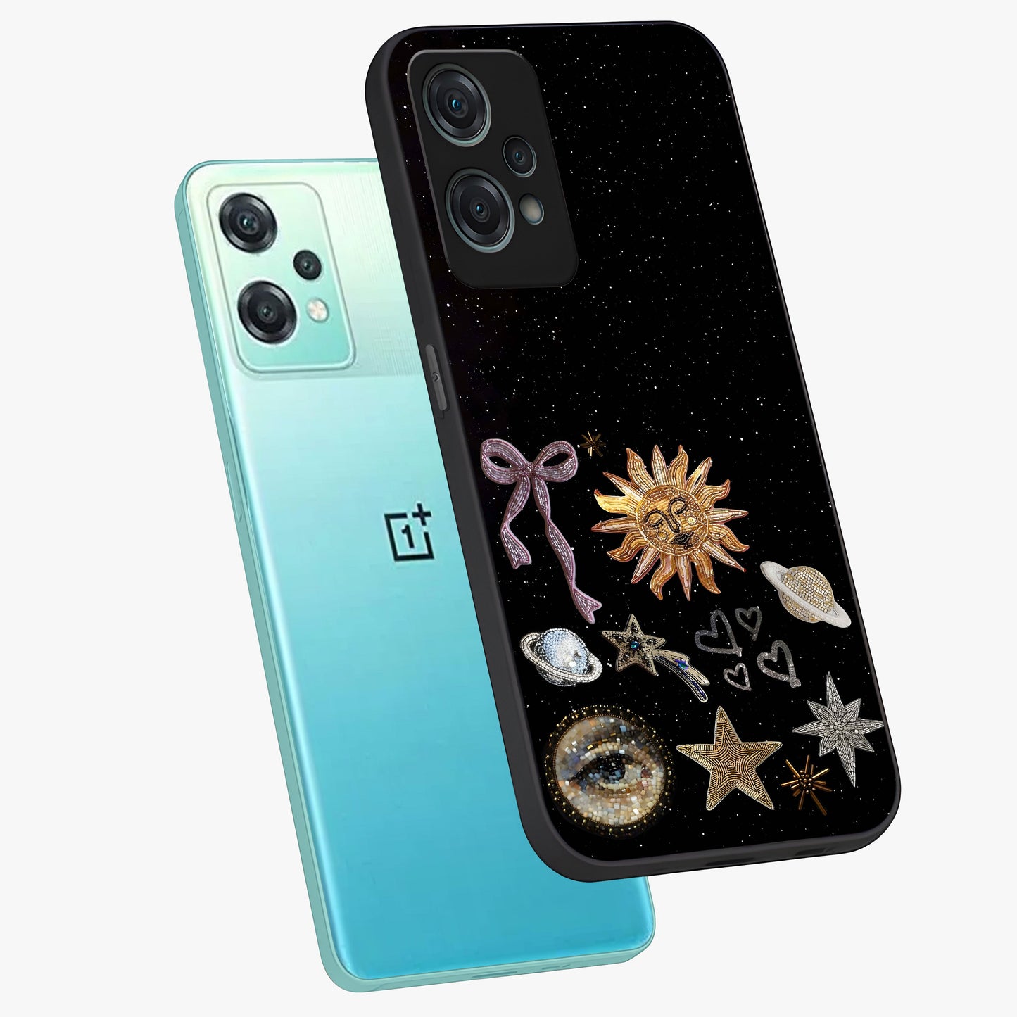 Magical Jewelry Vibe Glass Case for 1+Nord Ce 2 Lite angled mockup showcasing glossy finish and sparkling detailing