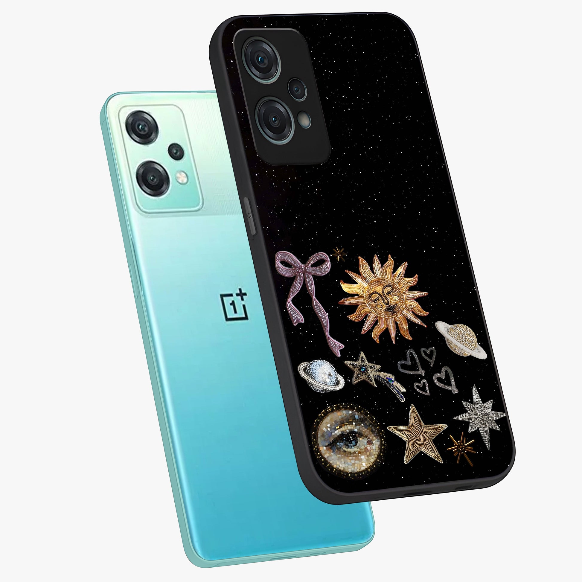 Magical Jewelry Vibe Glass Case for 1+Nord Ce 2 Lite angled mockup showcasing glossy finish and sparkling detailing