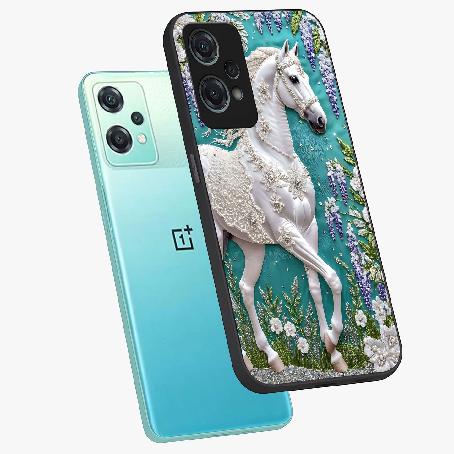 Majestic Floral Stallion Glass Case for 1+Nord Ce 2 Lite angled mockup showcasing glossy finish and vibrant artistic tones