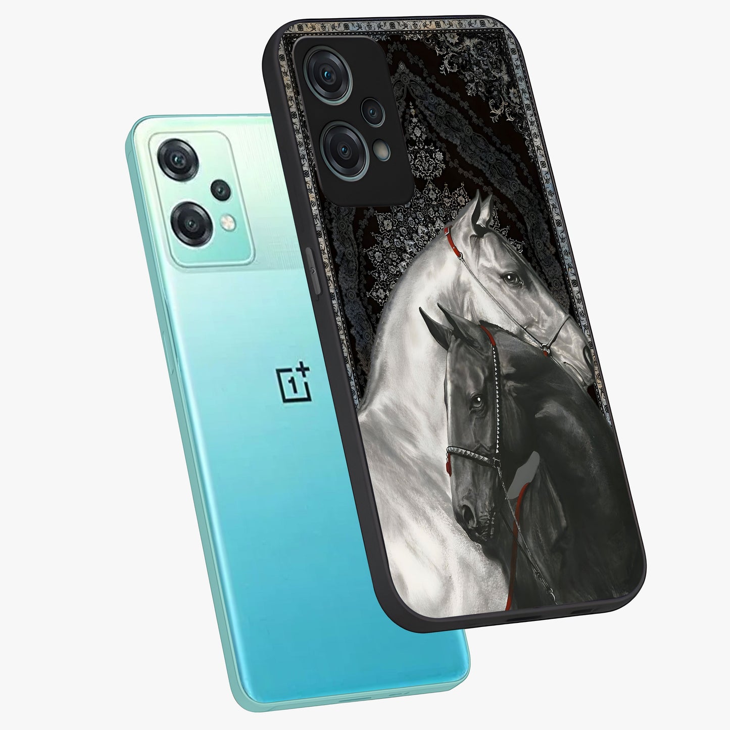 Majestic Ride Legacy Glass Case for 1+Nord Ce 2 Lite angled mockup showcasing glossy finish and strong graphic detailing