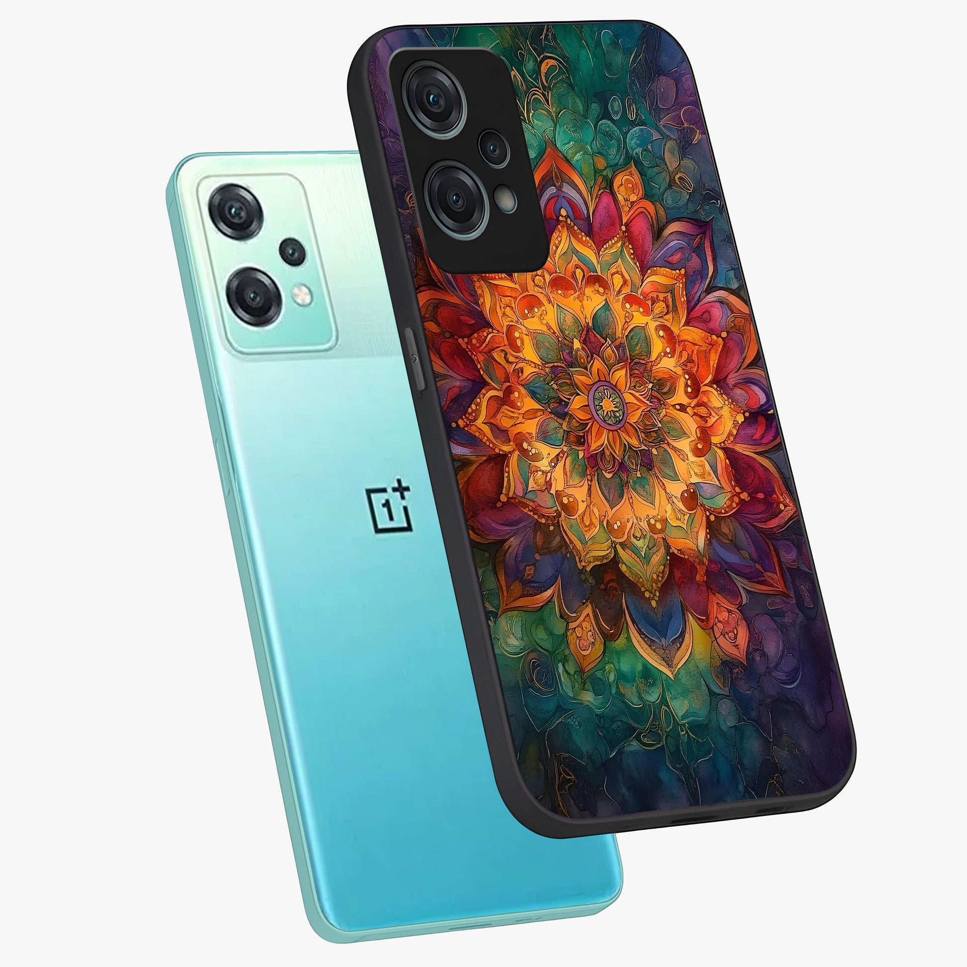 Mandala Vibrants Glass Case for 1+Nord Ce 2 Lite angled mockup showcasing glossy finish and intricate geometric detailing